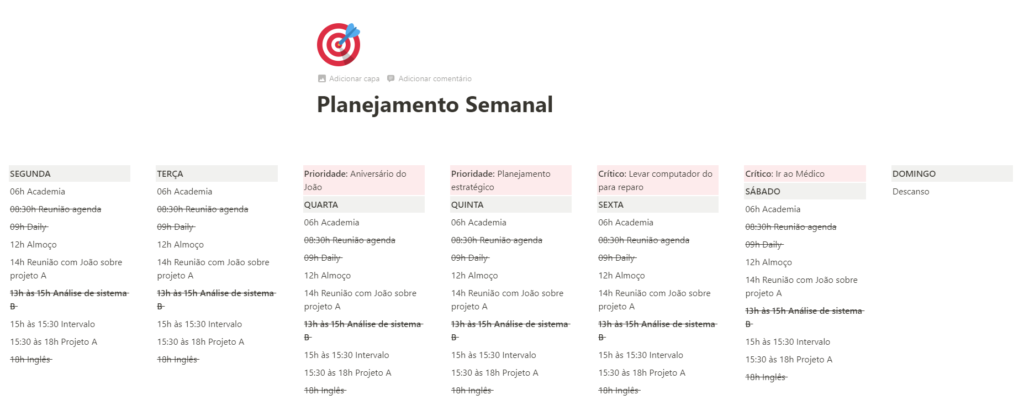 Planejamento semanal com Notion